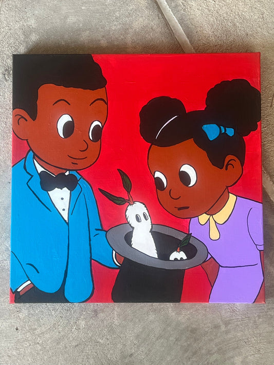Red painting depicting a black boy and black girl staring and characters residing in a top hat.